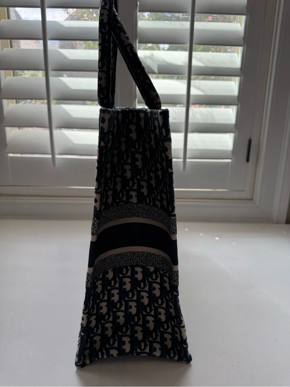 LUXE Large Book Tote Navy Blue Oblique Embroidered Canvas